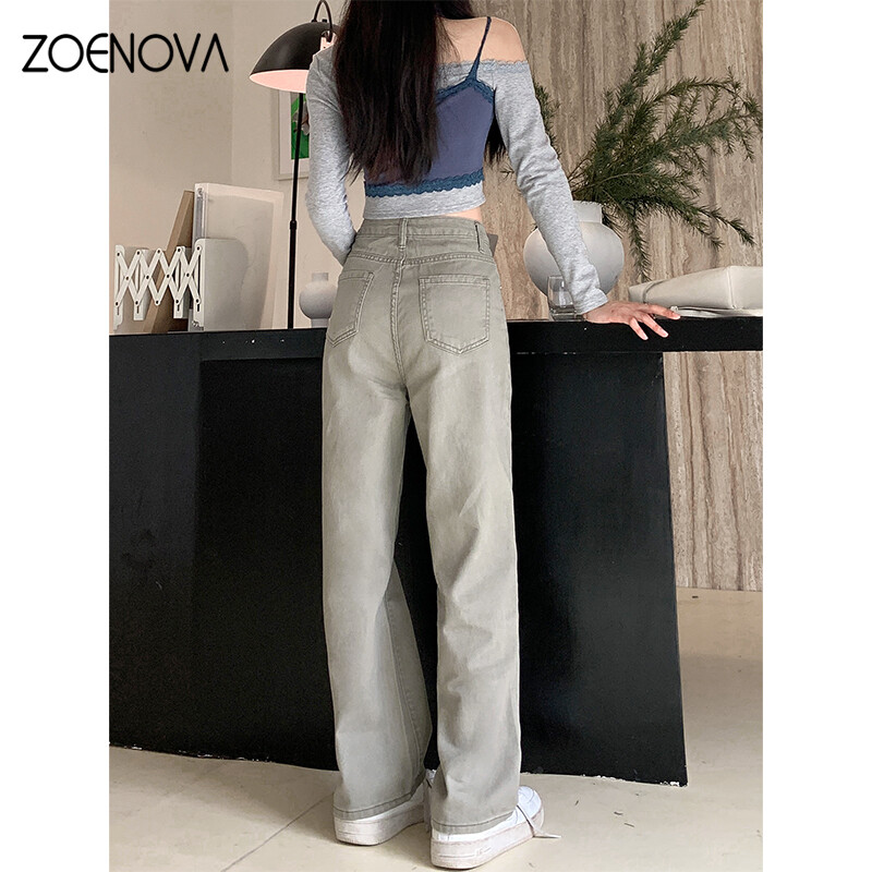 ZOENOVA Blugi de damă cu talie înaltă retro 2024, primăvară, vară, gri, verde, pantaloni largi, ocazional, pantaloni simpli de damă Y2K