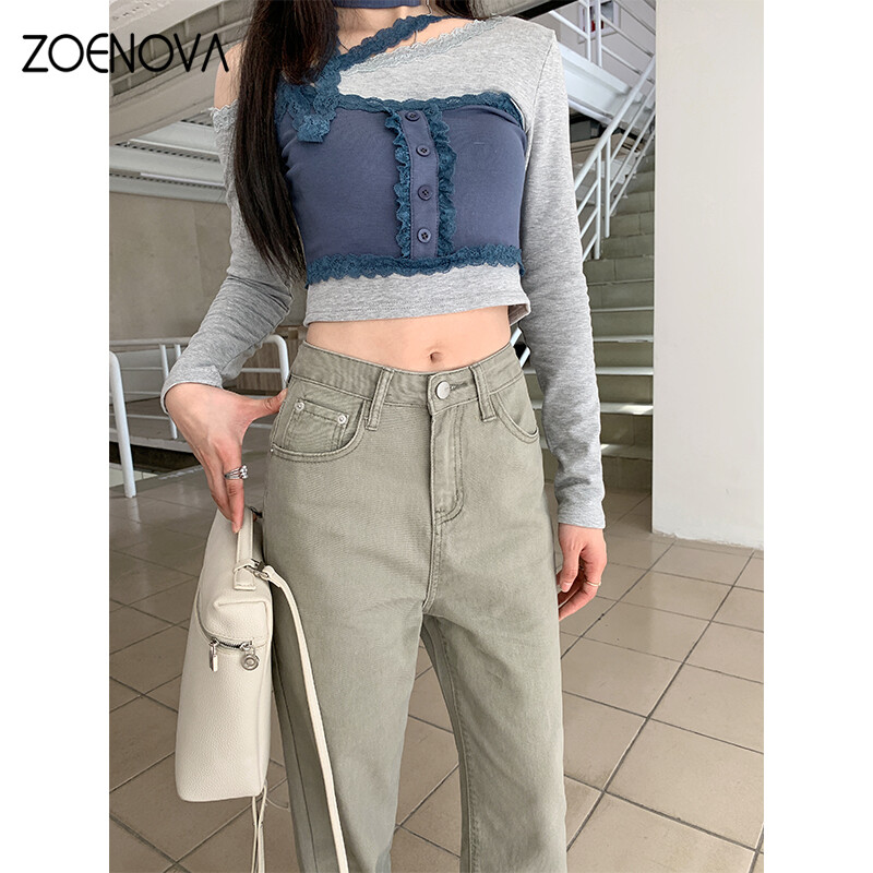 ZOENOVA Blugi de damă cu talie înaltă retro 2024, primăvară, vară, gri, verde, pantaloni largi, ocazional, pantaloni simpli de damă Y2K