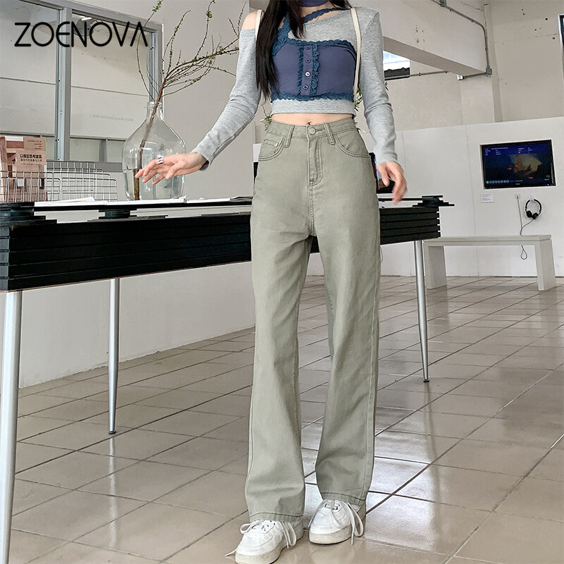 ZOENOVA Blugi de damă cu talie înaltă retro 2024, primăvară, vară, gri, verde, pantaloni largi, ocazional, pantaloni simpli de damă Y2K