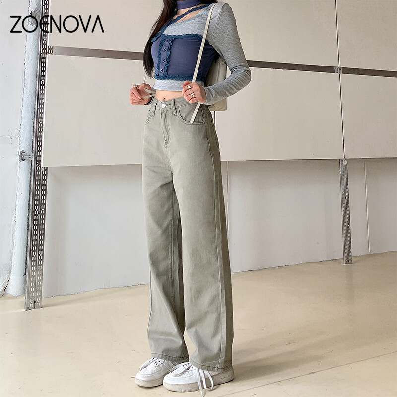ZOENOVA Blugi de damă cu talie înaltă retro 2024, primăvară, vară, gri, verde, pantaloni largi, ocazional, pantaloni simpli de damă Y2K