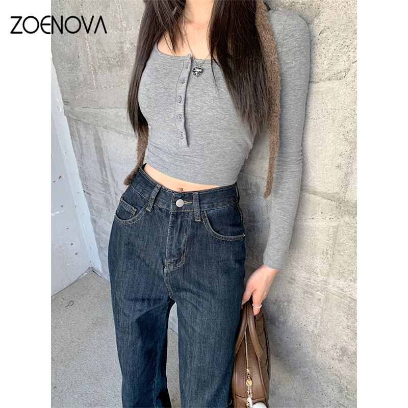 ZOENOVA Blugi de damă drepte cu talie înaltă 2024 de primăvară la modă coreeană pentru damă, simpli, versatili, largi, albastru închis, pantaloni largi