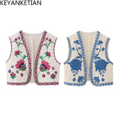 KEYANKETIAN Vestă de damă, vintage, cu broderie florală, deschisă, în stil național, jachetă, ținute, crop top de vacanță