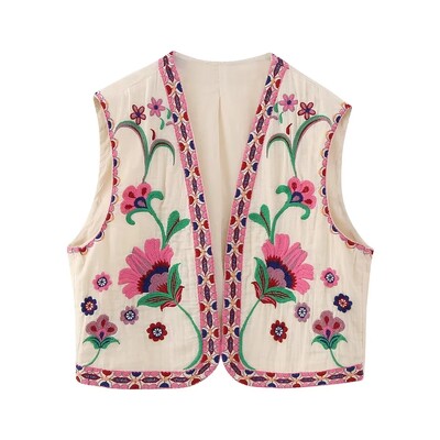 KEYANKETIAN Vestă de damă, vintage, cu broderie florală, deschisă, în stil național, jachetă, ținute, crop top de vacanță