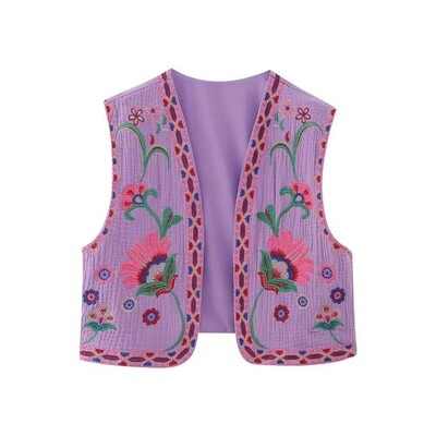 KEYANKETIAN Vestă de damă, vintage, cu broderie florală, deschisă, în stil național, jachetă, ținute, crop top de vacanță