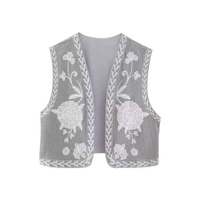 KEYANKETIAN Vestă de damă, vintage, cu broderie florală, deschisă, în stil național, jachetă, ținute, crop top de vacanță