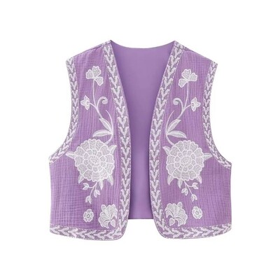 KEYANKETIAN Vestă de damă, vintage, cu broderie florală, deschisă, în stil național, jachetă, ținute, crop top de vacanță