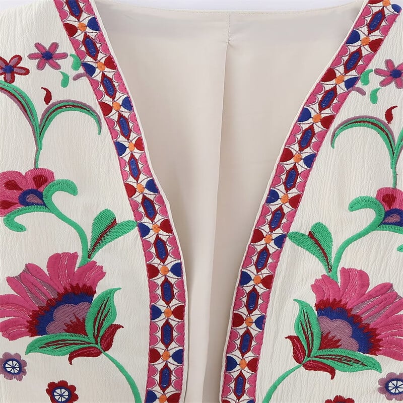 KEYANKETIAN Vestă de damă, vintage, cu broderie florală, deschisă, în stil național, jachetă, ținute, crop top de vacanță