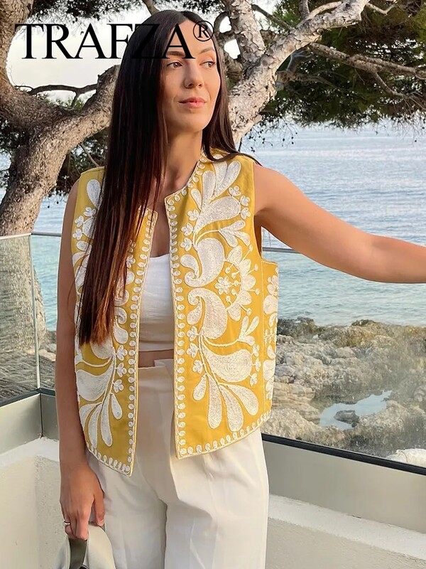 TRAFZA Κεντητό Γιλέκο Γυναικείο Y2k Vintage Casual Αμάνικο Ζακέτα Κορυφαίο Γυναικείο Φλοράλ Κεντημένο Γιλέκο