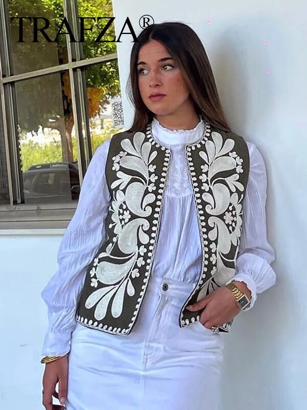 TRAFZA Κεντητό Γιλέκο Γυναικείο Y2k Vintage Casual Αμάνικο Ζακέτα Κορυφαίο Γυναικείο Φλοράλ Κεντημένο Γιλέκο