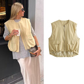 TRAF Ženski skraćeni prsluk, modni prsluk s patentnim zatvaračem s O izrezom, Ženski široki prsluci bez rukava, Kaputi, ženske šik majice