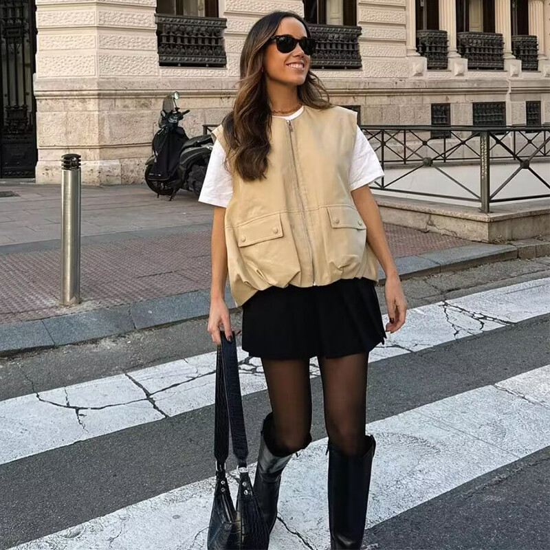 TRAF Ženski skraćeni prsluk, modni prsluk s patentnim zatvaračem s O izrezom, Ženski široki prsluci bez rukava, Kaputi, ženske šik majice