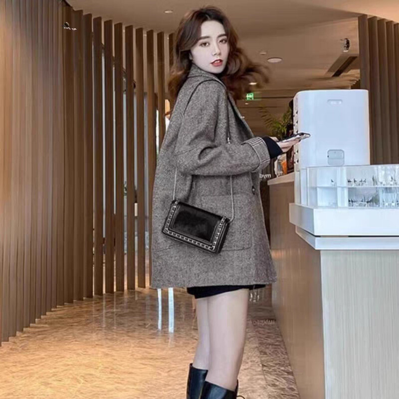 Naiste villane ülikonnajope, uus Korea vaba vabaaja bleiserid, paksud sügistalvised korea taskukraega naiste mantel