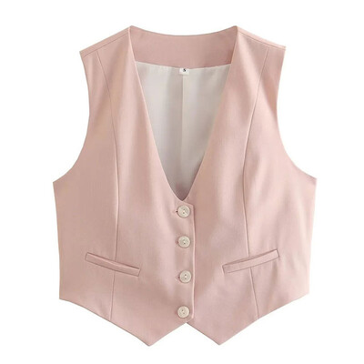 TRAF Пролетна дамска плътна ежедневна жилетка, едноредна тънка изрязана жилетка с V-образно деколте Елегантно дамско връхно облекло, шикозни топове, универсални