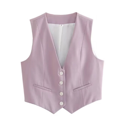 TRAF Пролетна дамска плътна ежедневна жилетка, едноредна тънка изрязана жилетка с V-образно деколте Елегантно дамско връхно облекло, шикозни топове, универсални