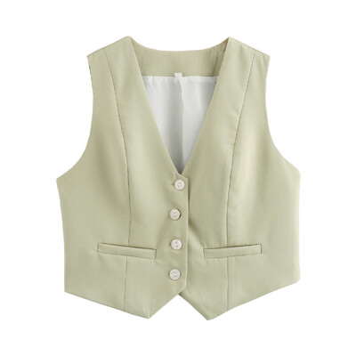 TRAF Пролетна дамска плътна ежедневна жилетка, едноредна тънка изрязана жилетка с V-образно деколте Елегантно дамско връхно облекло, шикозни топове, универсални