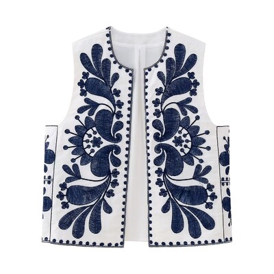 TRAFZA Vestă cu broderie cu flori decupate pentru femeie, vintage, cu decolteu în V, cardigan fără mâneci, vestă, cămașă Topuri șic Îmbrăcăminte de vară pentru femei