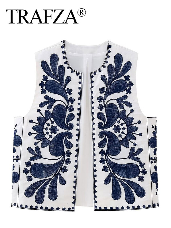 TRAFZA Vestă cu broderie cu flori decupate pentru femeie, vintage, cu decolteu în V, cardigan fără mâneci, vestă, cămașă Topuri șic Îmbrăcăminte de vară pentru femei