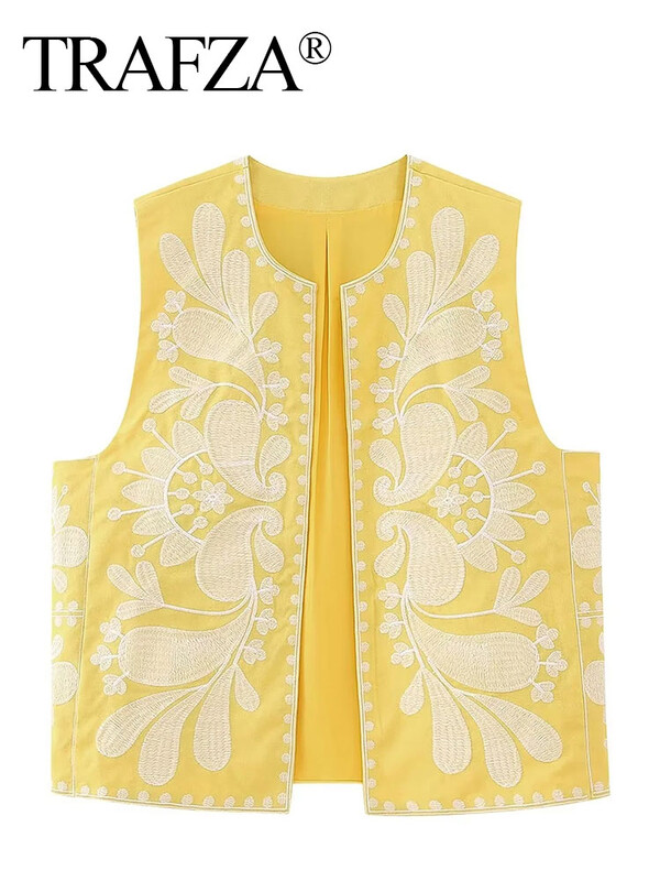 TRAFZA Vestă cu broderie cu flori decupate pentru femeie, vintage, cu decolteu în V, cardigan fără mâneci, vestă, cămașă Topuri șic Îmbrăcăminte de vară pentru femei
