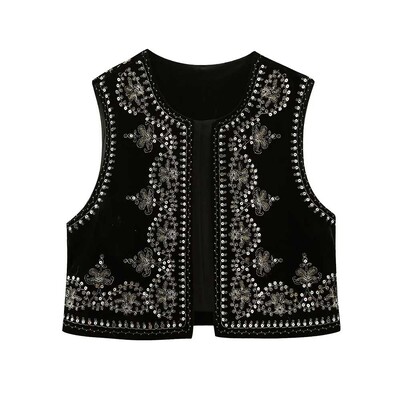 TRAF Ženska moda sa šljokicama, cvjetnim vezom, kratki prsluk, starinski O izrez, bez rukava, ženska gornja odjeća, šik prsluk