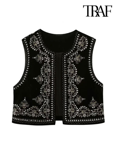 TRAF Moda pentru femei, cu paiete, broderie florală, vestă, epocă, cu decolteu O, fără mâneci, îmbrăcăminte exterioară pentru femei, vestă șic