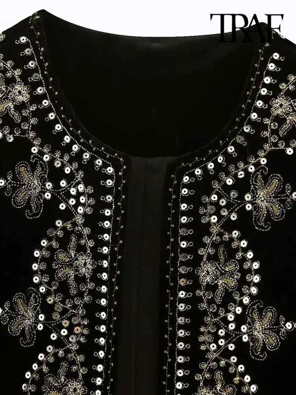 TRAF Ženska moda sa šljokicama, cvjetnim vezom, kratki prsluk, starinski O izrez, bez rukava, ženska gornja odjeća, šik prsluk
