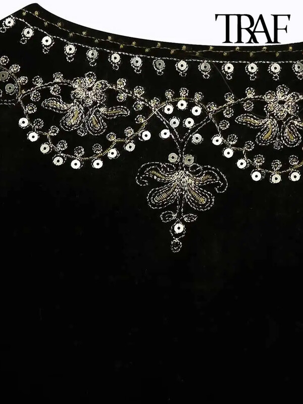 TRAF Ženska moda sa šljokicama, cvjetnim vezom, kratki prsluk, starinski O izrez, bez rukava, ženska gornja odjeća, šik prsluk