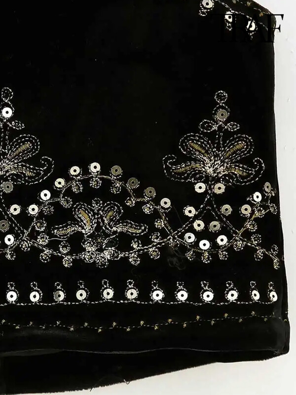 TRAF Ženska moda sa šljokicama, cvjetnim vezom, kratki prsluk, starinski O izrez, bez rukava, ženska gornja odjeća, šik prsluk