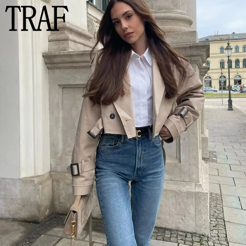 TRAF 2023 Trenci pentru femeie Trench decupat de toamnă pentru femei cu mânecă lungă, scurte, elegante, jachete de vânt la modă pentru femei