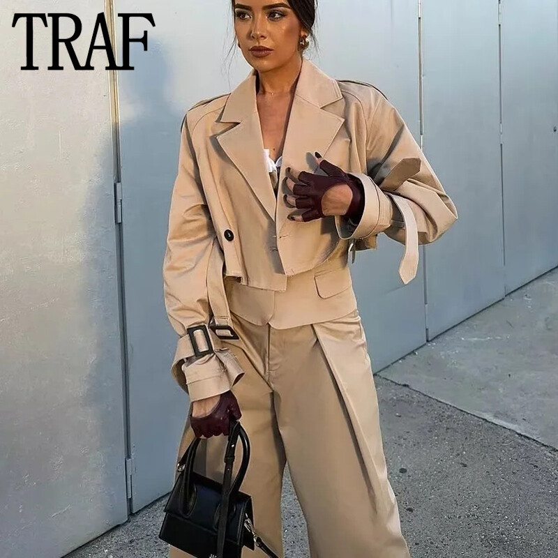 TRAF 2023 Trenci pentru femeie Trench decupat de toamnă pentru femei cu mânecă lungă, scurte, elegante, jachete de vânt la modă pentru femei