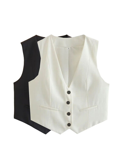 Vestă decupată Vestă femeie Vestă la modă Topuri Vintage Gât în V Paltoane fără mâneci Îmbrăcăminte exterioară Alb Negru Jachetă șic