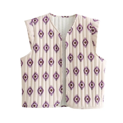 Willshela Jachetă fără mâneci imprimată pentru femei, vestă vintage cu decolteu în V, maiuri pentru femei șic