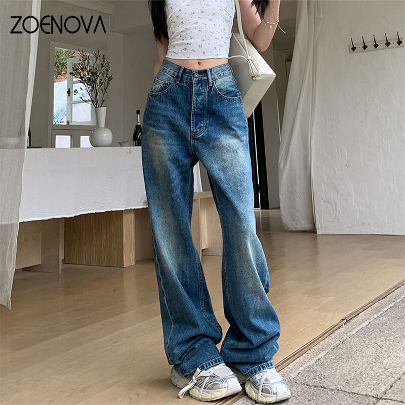 ZOENOVA Maillard Fashion naiste teksad 2024 suvine Y2K retro vabaaja püksid kõrge vöökohaga lahtised sirged tumedad teksapüksid laia säärega püksid