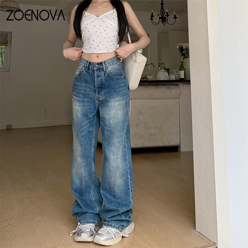 ZOENOVA Maillard Fashion naiste teksad 2024 suvine Y2K retro vabaaja püksid kõrge vöökohaga lahtised sirged tumedad teksapüksid laia säärega püksid