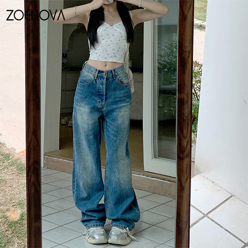 ZOENOVA Maillard Fashion naiste teksad 2024 suvine Y2K retro vabaaja püksid kõrge vöökohaga lahtised sirged tumedad teksapüksid laia säärega püksid