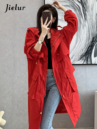 Jielur novi široki ženski trenč kaput, jednobojni, ležerni, ravni, elegantni, trenč kaput s džepovima i patentnim zatvaračem