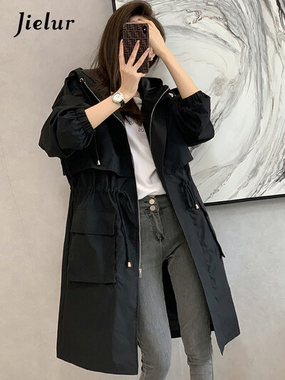 Jielur novi široki ženski trenč kaput, jednobojni, ležerni, ravni, elegantni, trenč kaput s džepovima i patentnim zatvaračem