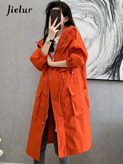 Jielur novi široki ženski trenč kaput, jednobojni, ležerni, ravni, elegantni, trenč kaput s džepovima i patentnim zatvaračem