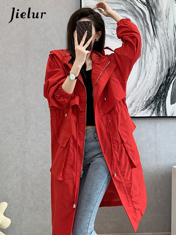 Jielur novi široki ženski trenč kaput, jednobojni, ležerni, ravni, elegantni, trenč kaput s džepovima i patentnim zatvaračem