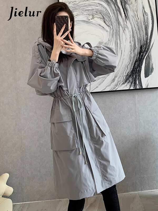 Jielur novi široki ženski trenč kaput, jednobojni, ležerni, ravni, elegantni, trenč kaput s džepovima i patentnim zatvaračem