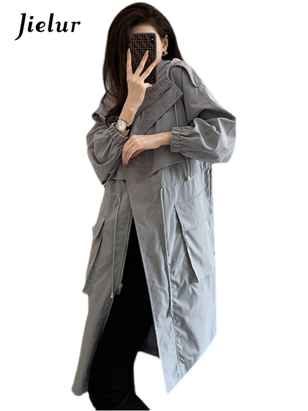 Jielur novi široki ženski trenč kaput, jednobojni, ležerni, ravni, elegantni, trenč kaput s džepovima i patentnim zatvaračem