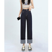 Fete Vintage Native Blugi spălați Lady Deep Blue Coreeană Pantaloni largi 2024 de primăvară femeie talie înaltă Pantaloni largi picior drept