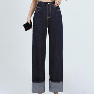 Fete Vintage Native Blugi spălați Lady Deep Blue Coreeană Pantaloni largi 2024 de primăvară femeie talie înaltă Pantaloni largi picior drept