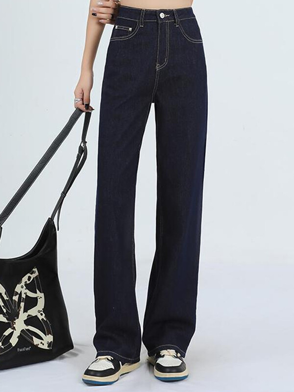 Fete Vintage Native Blugi spălați Lady Deep Blue Coreeană Pantaloni largi 2024 de primăvară femeie talie înaltă Pantaloni largi picior drept