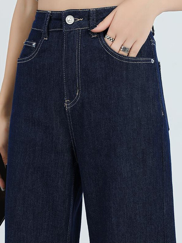 Fete Vintage Native Blugi spălați Lady Deep Blue Coreeană Pantaloni largi 2024 de primăvară femeie talie înaltă Pantaloni largi picior drept