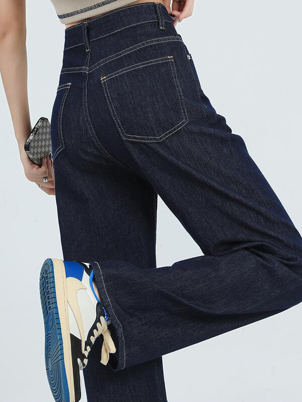 Fete Vintage Native Blugi spălați Lady Deep Blue Coreeană Pantaloni largi 2024 de primăvară femeie talie înaltă Pantaloni largi picior drept