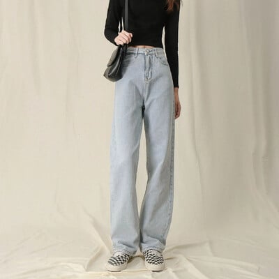 Blugi de damă noi, negri, gri, picior drept, slăbire, picior lat, pantaloni drapați până la podea cu talie înaltă