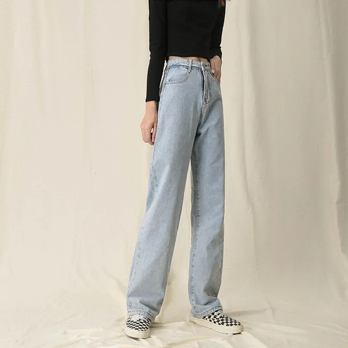 Blugi de damă noi, negri, gri, picior drept, slăbire, picior lat, pantaloni drapați până la podea cu talie înaltă