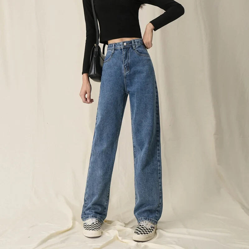 Blugi de damă noi, negri, gri, picior drept, slăbire, picior lat, pantaloni drapați până la podea cu talie înaltă