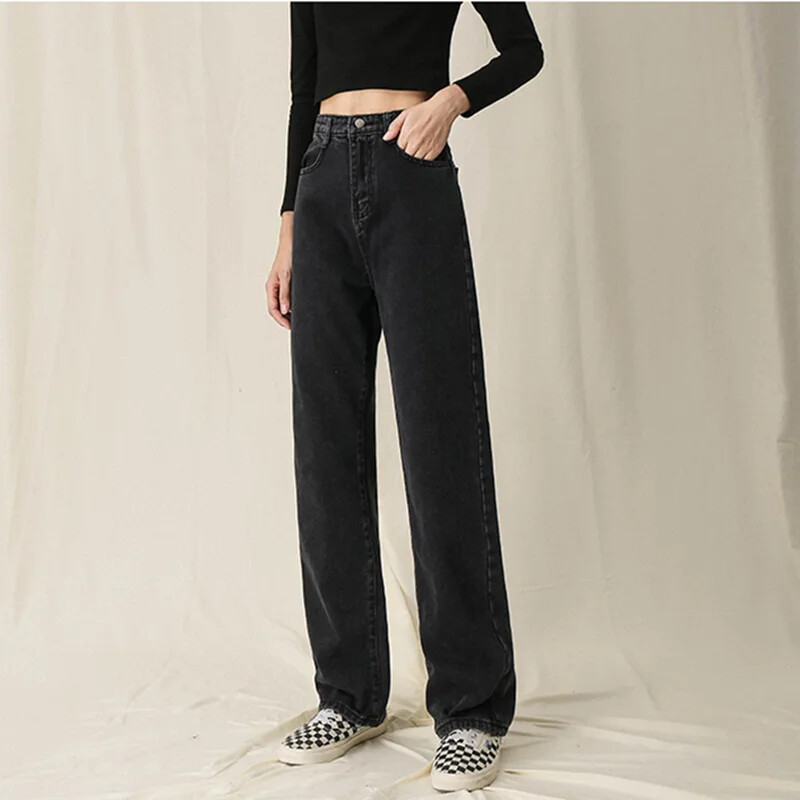 Blugi de damă noi, negri, gri, picior drept, slăbire, picior lat, pantaloni drapați până la podea cu talie înaltă