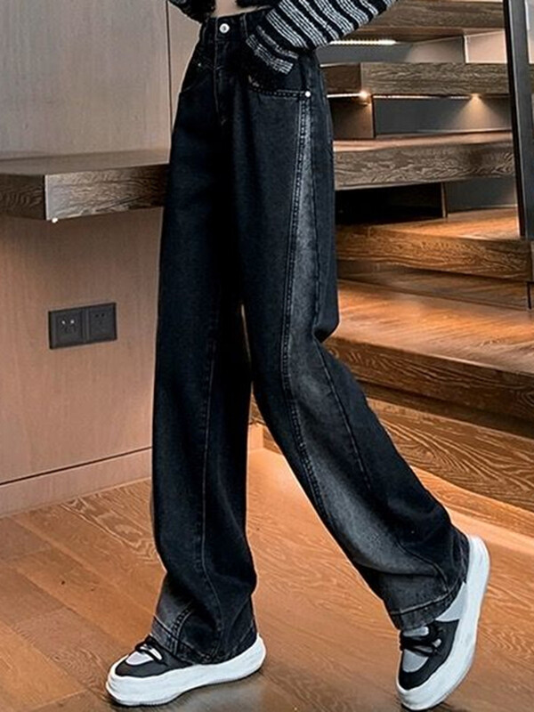 Naine kõrge vöökohaga teksad Naine Ameerika High Street Patchwork Sirged püksid Tüdrukud Must Hall Kontrastvärv Laiad püksid